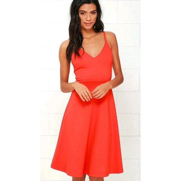 Lulus Coral Red Cocktail Midi Dress Womens LG Stretch V Neck Sexy Elegant Classy - Picture 1 of 14